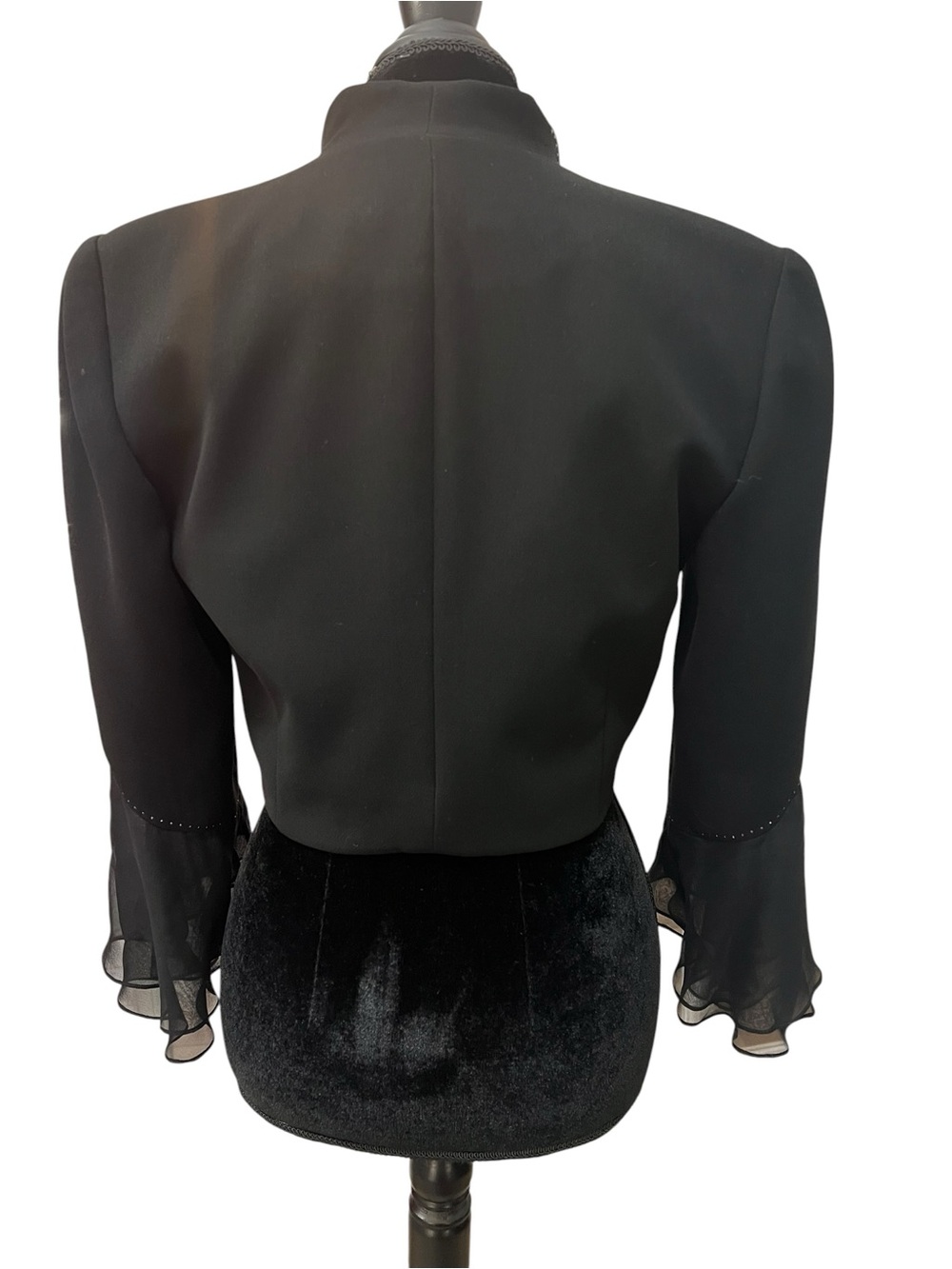 Black Open-Front Bolero Jacket with Sheer Ruffle Sleeves and Crystal details - Picture 3 of 7